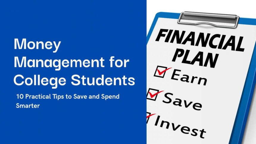 Money management for college students graphic with financial plan checklist showing earn, save, invest on a clipboard.